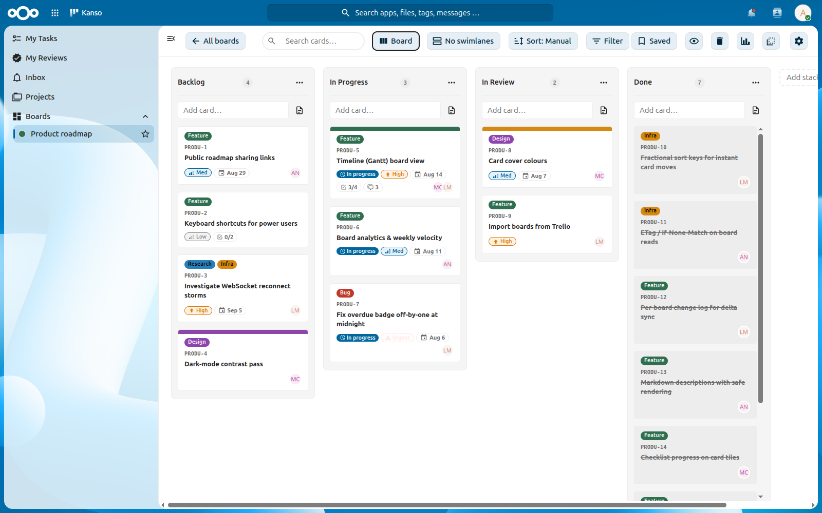 A Kanso board with Backlog, In Progress, In Review and Done columns, each holding cards with labels, assignee avatars and due dates.