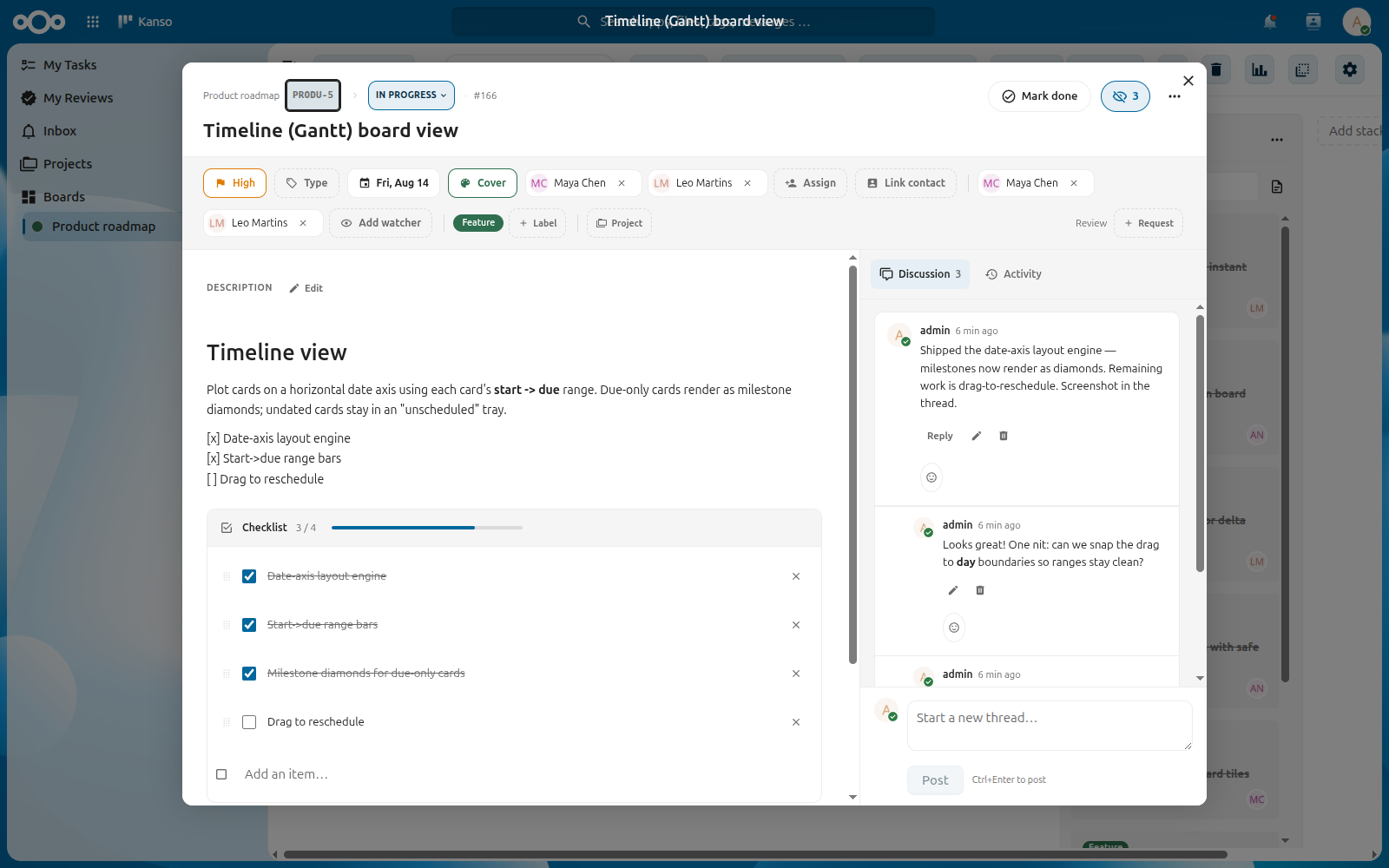 A Kanso card open in detail view, showing a markdown description, a checklist, a priority, a due date, an assignee and a threaded discussion.