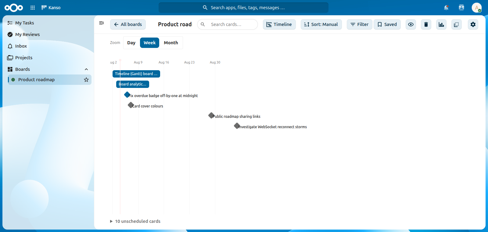 Kanso Timeline (Gantt) view: cards plotted on a date axis by start date to due date, with a due-only card shown as a milestone marker.